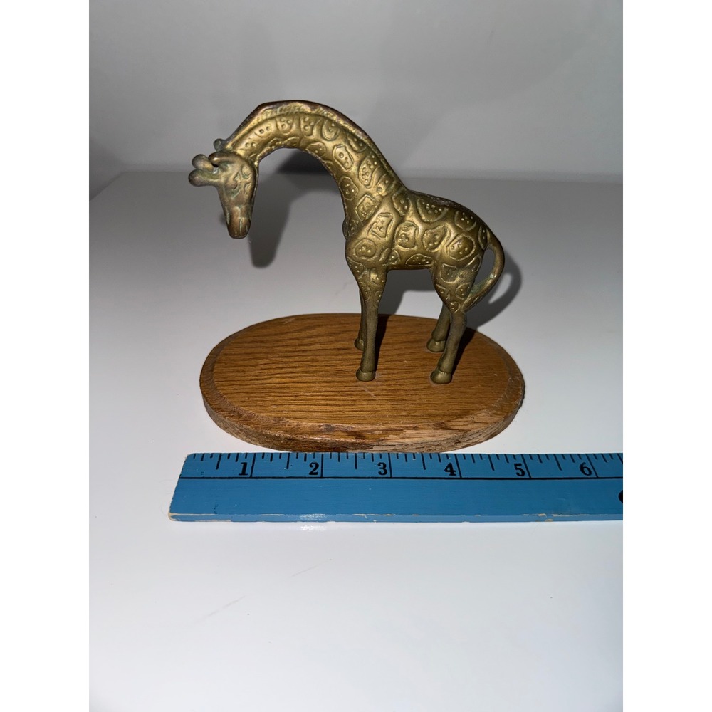 Vintage Brass Giraffe Figurine on Wood Base Aged Patina Animal Decor Small 4.5"